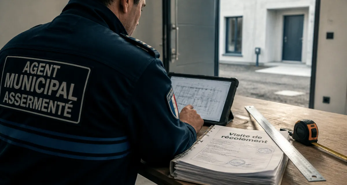 Visite de récolement : agent vérifie plans et conformité travaux