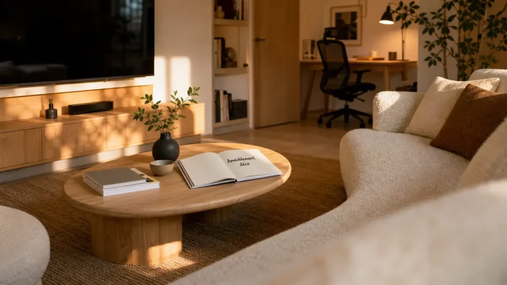 Ameublement deco salon lumineux : canapé beige, table basse chêne et meuble TV