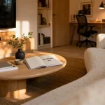 Ameublement deco salon lumineux : canapé beige, table basse chêne et meuble TV