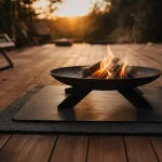 Brasero sur terrasse bois avec tapis ignifugé et marge 30 cm