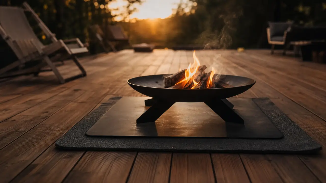 Brasero sur terrasse bois avec tapis ignifugé et marge 30 cm