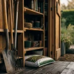 Cabane à outil de jardin en bois traité avec outils rangés et étagères
