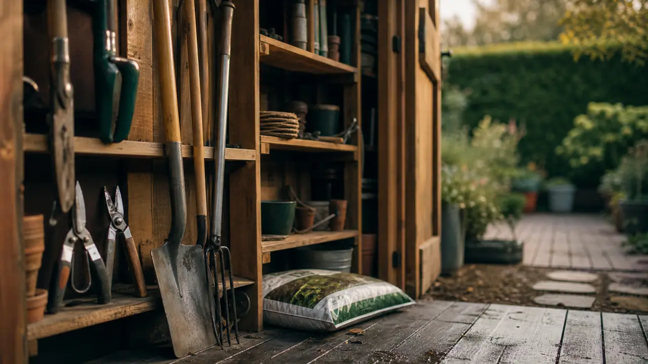 Cabane à outil de jardin en bois traité avec outils rangés et étagères