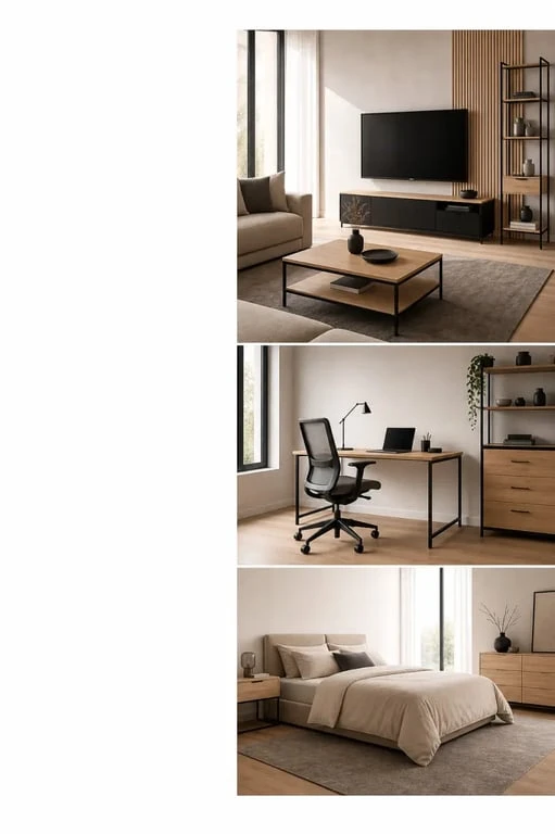 Ameublement deco : composition éditoriale d’un salon, d’un bureau et d’une chambre aux styles scandinave, industriel et minimaliste