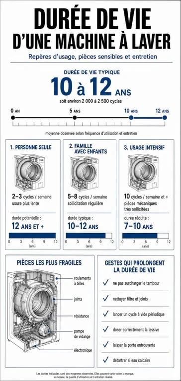 Durée de vie machine à laver : infographie sur les cycles, les usages, les pannes fréquentes et l’entretien