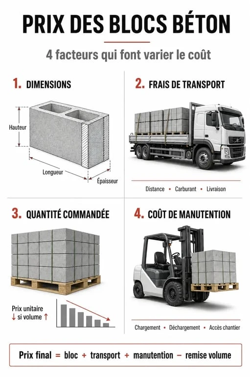 Infographie des facteurs influençant le prix des blocs béton pour la construction