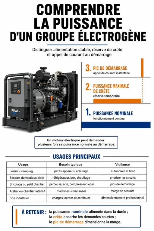 Infographie sur groupe electrogene puissance : puissance nominale, puissance maximale et besoins par usage