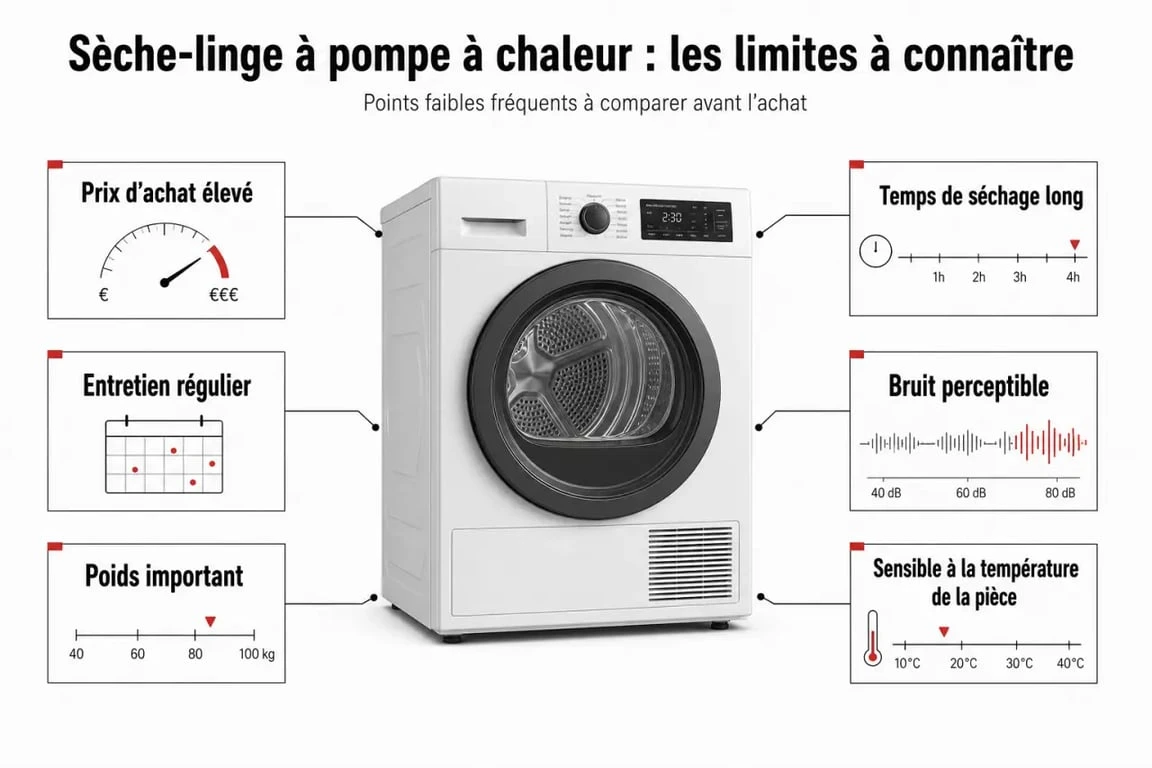 Sèche-linge pompe à chaleur inconvénient : infographie éditoriale sur le prix, le temps de séchage, l’entretien et le bruit