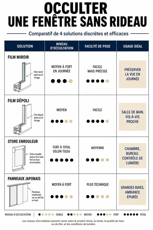 Tableau comparatif des solutions pour occulter une fenêtre sans rideau : films et stores