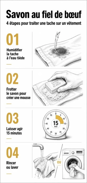Infographie des étapes d'utilisation du savon au fiel de bœuf pour détacher efficacement les textiles
