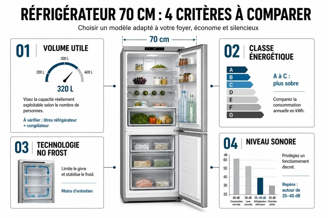 Infographie des critères de choix pour le meilleur réfrigérateur 70 cm de largeur