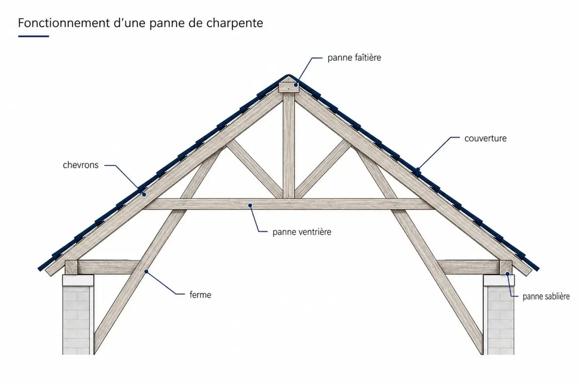 Schéma simplifié d’une panne charpente avec faîtière, sablière, panne ventrière et chevrons