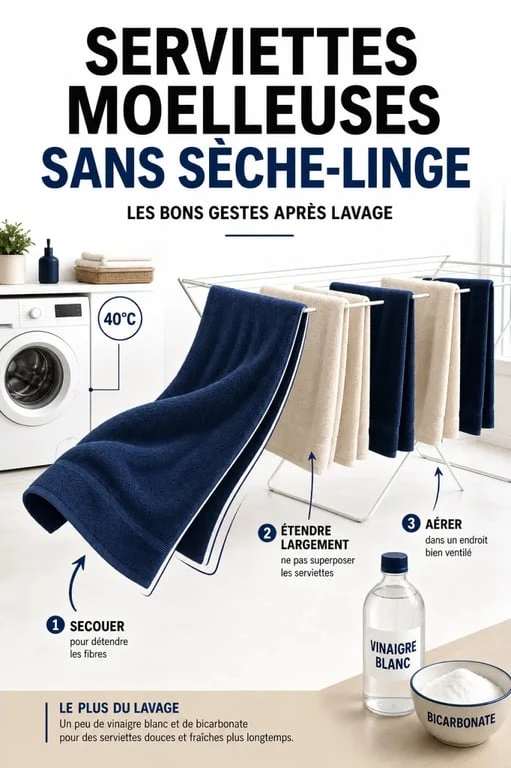 Comment avoir des serviettes de toilette moelleuse sans sèche-linge : lavage au vinaigre blanc, bicarbonate et séchage à l’air