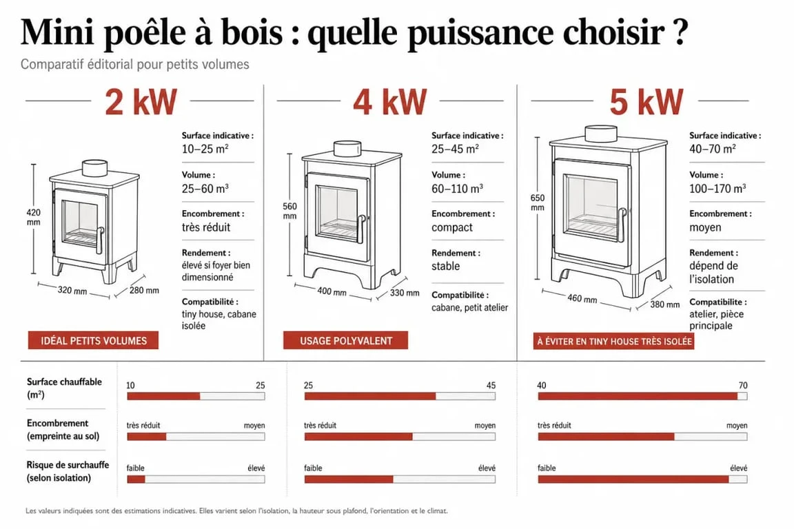 Comparatif mini poêle à bois 2 kW, 4 kW et 5 kW pour choisir la bonne puissance selon la surface et le volume à chauffer