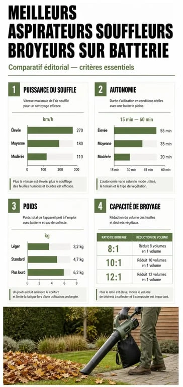 Meilleur aspirateur souffleur broyeur sur batterie : infographie comparative des critères de choix