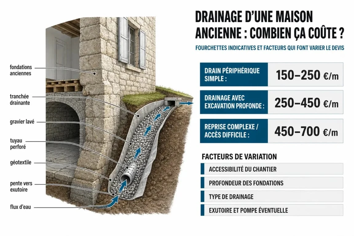 Infographie sur drainage maison ancienne prix avec coupe technique, facteurs de coût et fourchettes de prix