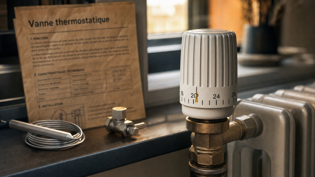 Fonctionnement vanne thermostatique : tête thermostatique sur radiateur, réglage température pièce par pièce