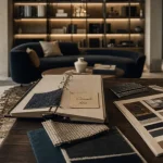 Histoire d interieur en showroom haut de gamme : plans 3D, artisans, échantillons de tissus