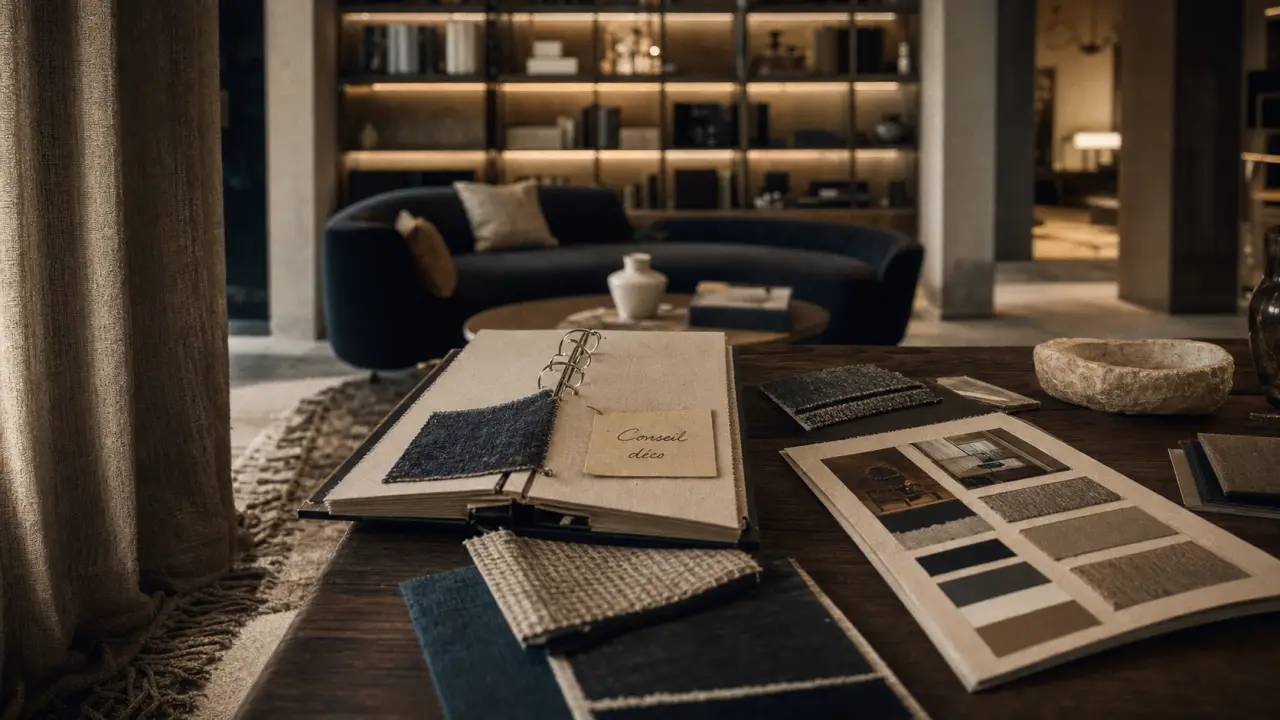Histoire d interieur en showroom haut de gamme : plans 3D, artisans, échantillons de tissus