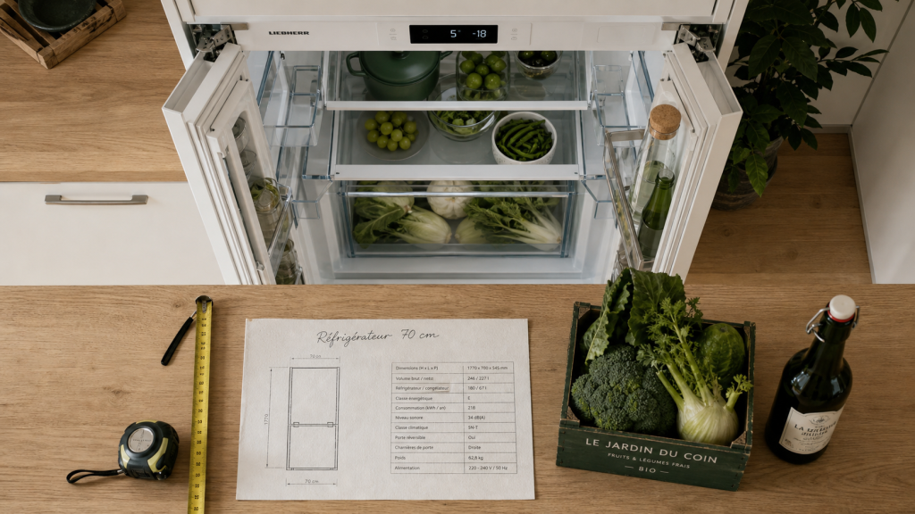 Meilleur réfrigérateur 70 cm largeur, vue cuisine, guide volume