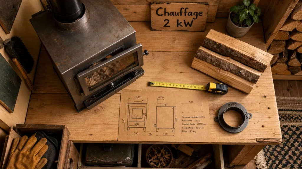Mini poele à bois 2kw en métal, vitre entrouverte, bûches et conduit
