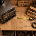 Mini poele à bois 2kw en métal, vitre entrouverte, bûches et conduit