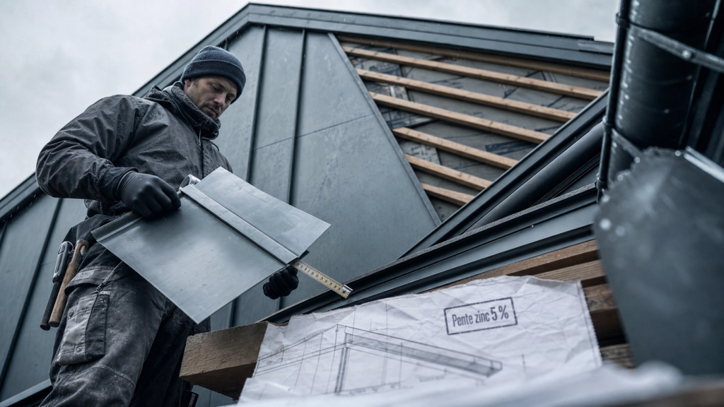 Pente toiture zinc : recouvrements et joints debout sur chantier