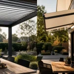 Pergola ou store banne sur terrasse, pergola et store banne côte à côte