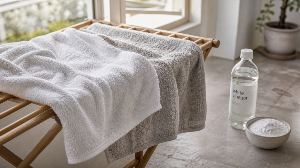 Comment avoir des serviettes de toilette moelleuse sans sèche-linge : serviettes près du vinaigre et du bicarbonate