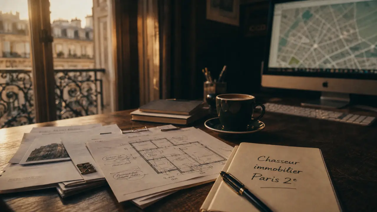 Chasseur immobilier Paris 2 : table, plans et négociation immobilière à Paris 2e
