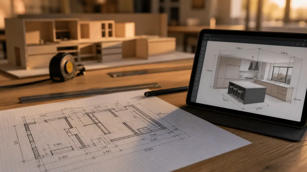 Conception cuisine logiciel : plan 3D et relevés de cotes pour budget et contraintes