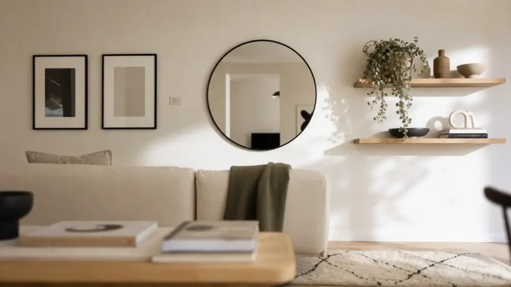 Décorer un mur blanc avec cadres, étagères et reliefs sans le surcharger