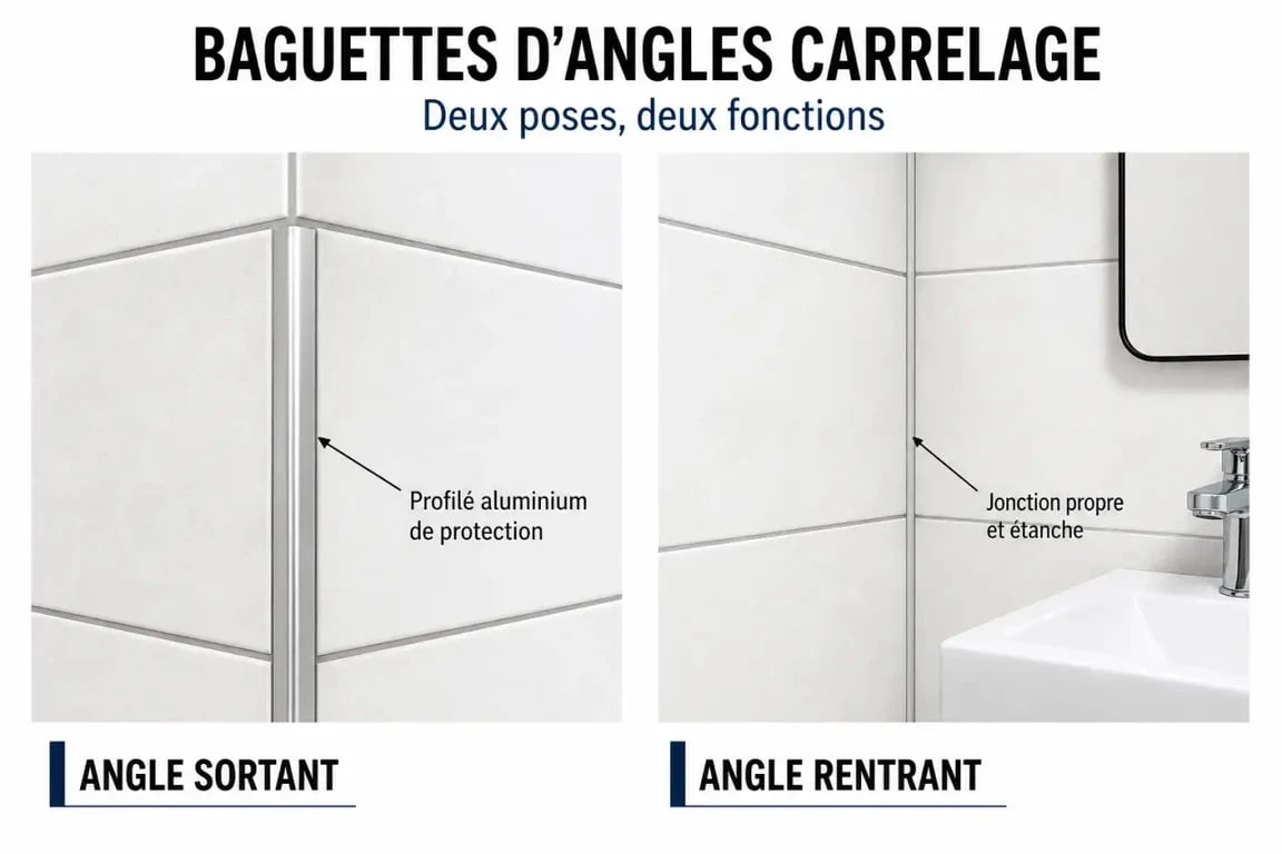 Baguettes angles carrelage sur angle sortant et angle rentrant en salle de bain