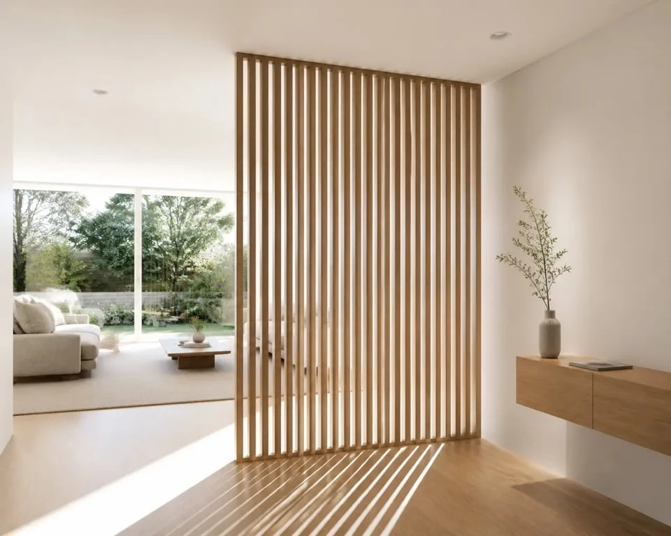 Fabriquer claustra bois installé entre salon et entrée