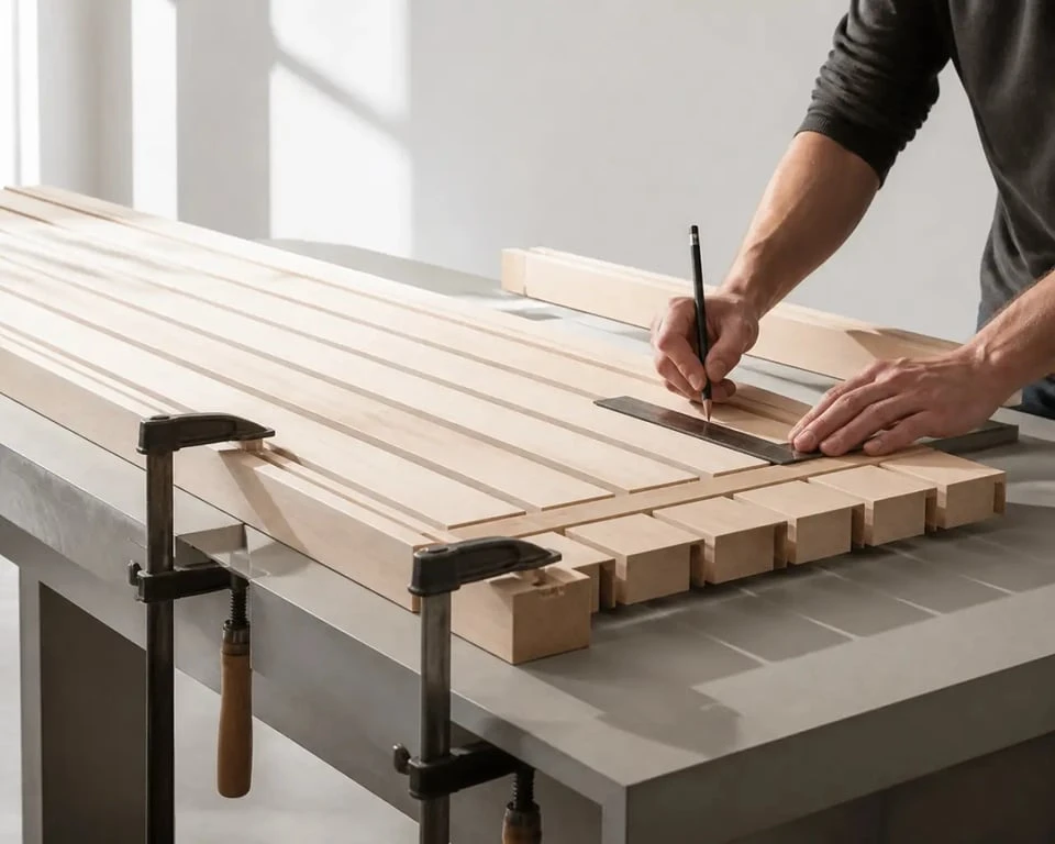 Fabriquer claustra bois en atelier avec traçage des tasseaux