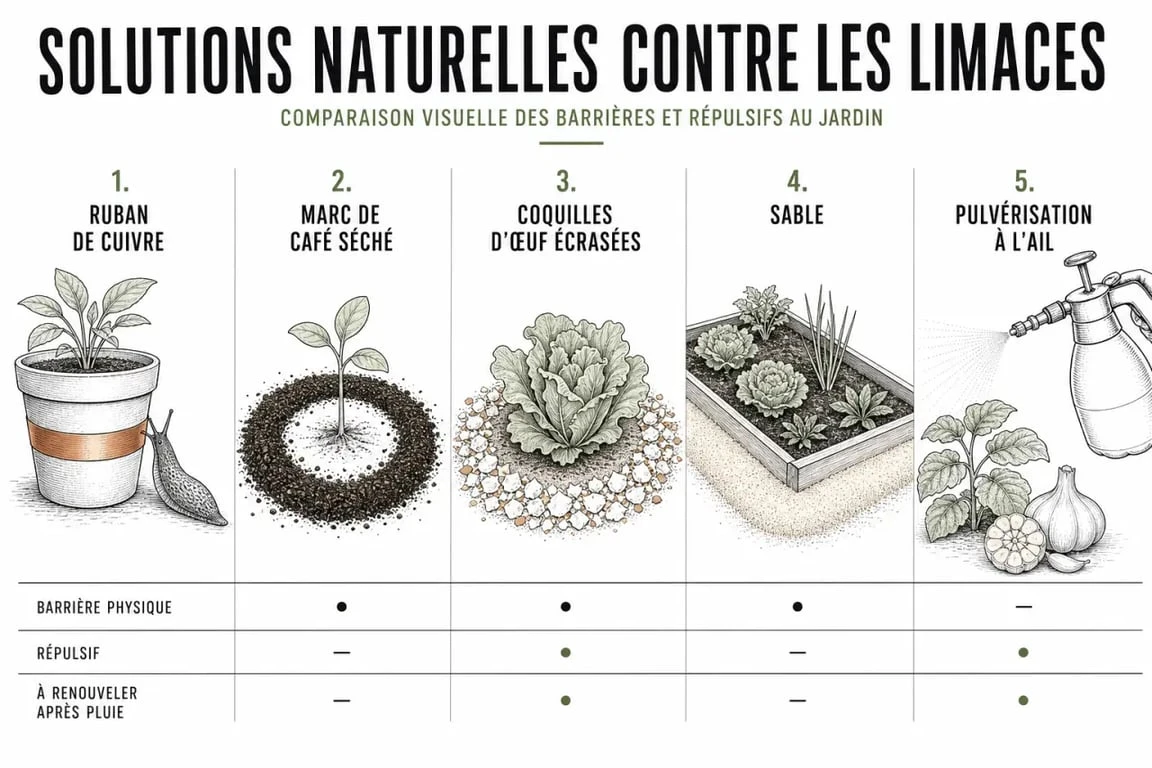 Répulsif naturel limace : comparaison visuelle des solutions naturelles pour protéger pots et jeunes pousses