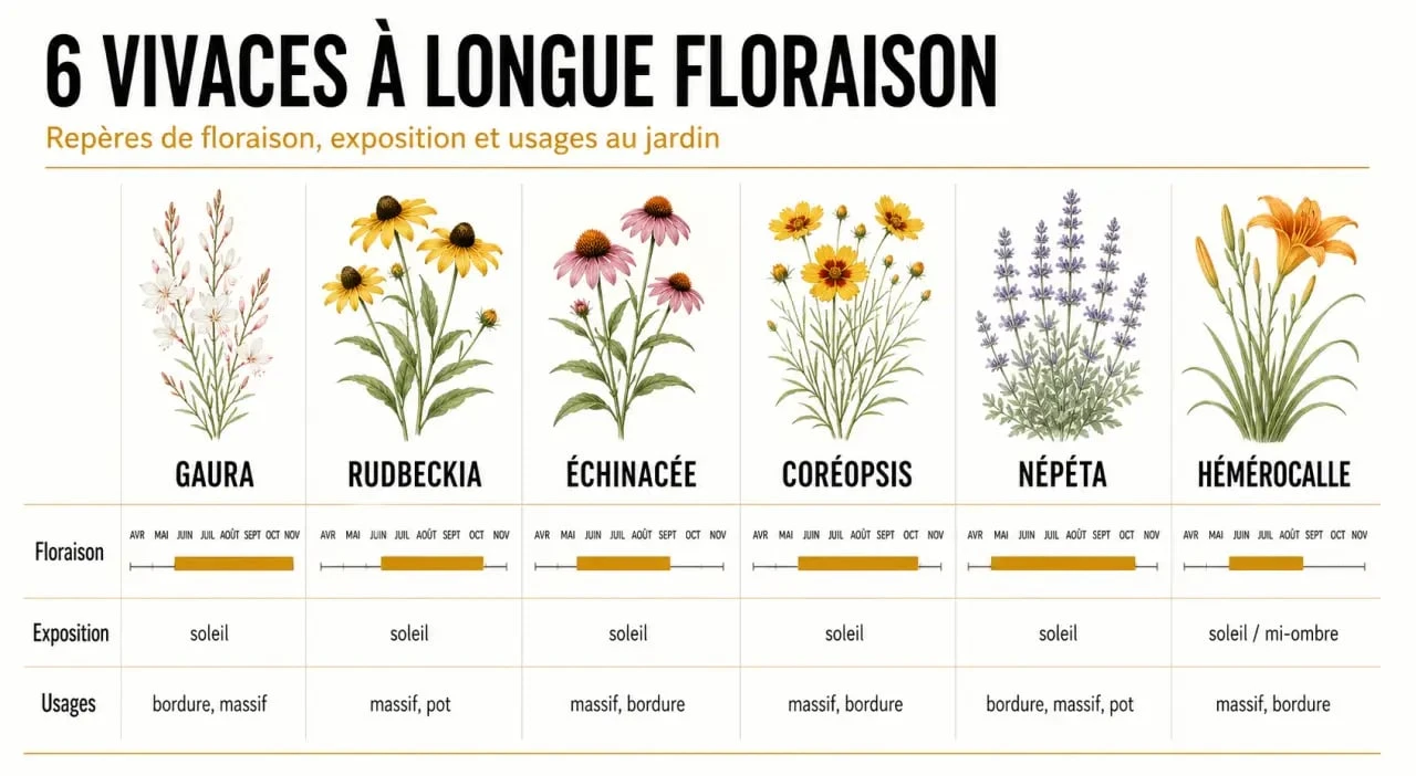 Fleur vivace longue floraison : comparatif visuel des principales variétés et de leur exposition idéale