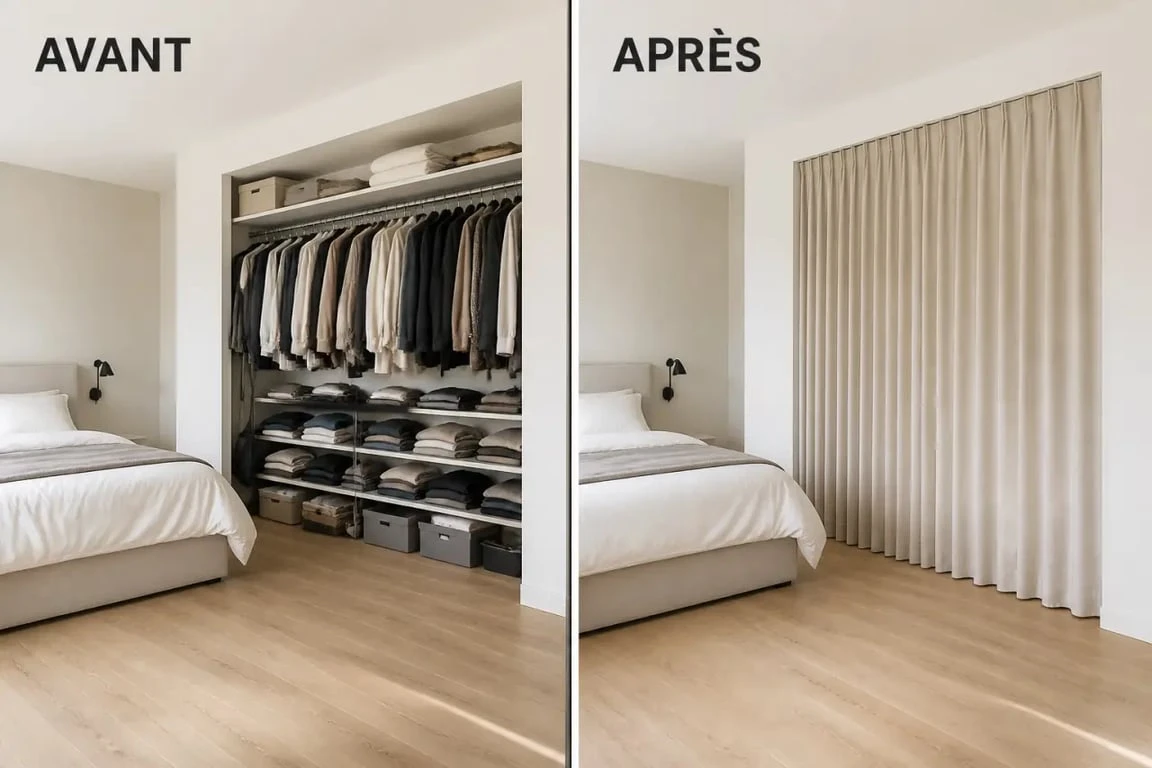 Idée pour fermer un placard sans porte avec un avant/après dans une chambre moderne