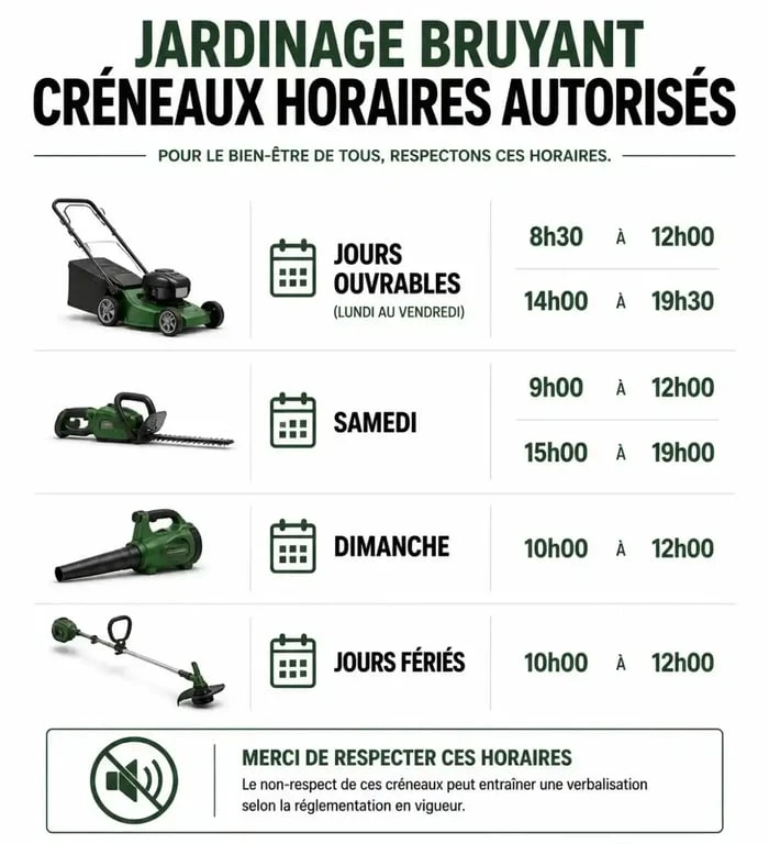 Infographie des horaires autorisés pour le jardinage bruyant et les outils de jardinage