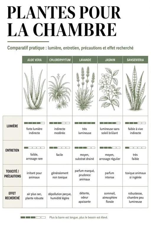 Quelle plante mettre dans une chambre : infographie comparative des plantes adaptées selon la lumière, l’entretien et les précautions