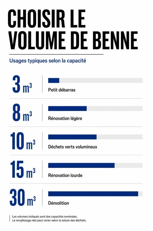 Location benne tarif : comparaison visuelle des volumes de benne et de leurs usages