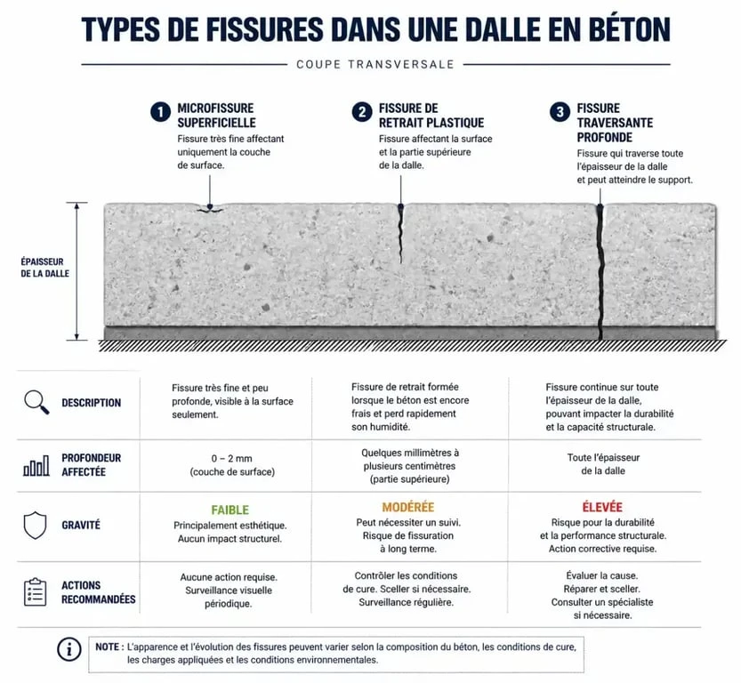 Schéma explicatif des types de fissures sur une dalle béton qui fissure au séchage