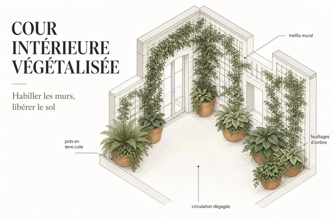 Végétalisation d’une cour intérieure avec pots, grimpantes et murs habillés