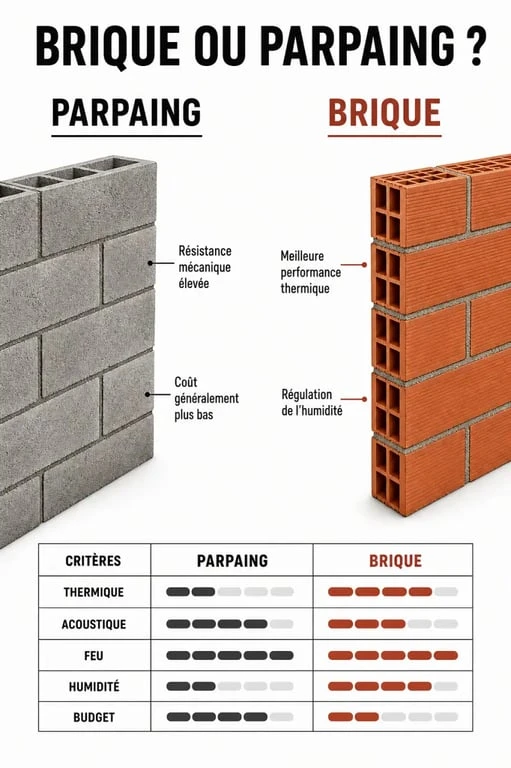 Comparatif brique ou parpaing pour une maison neuve, avec critères thermique, acoustique, humidité et budget