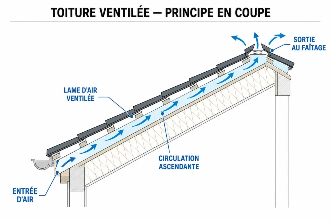 Toiture ventilation : schéma de l’entrée d’air en bas de pente et de la sortie au faîtage