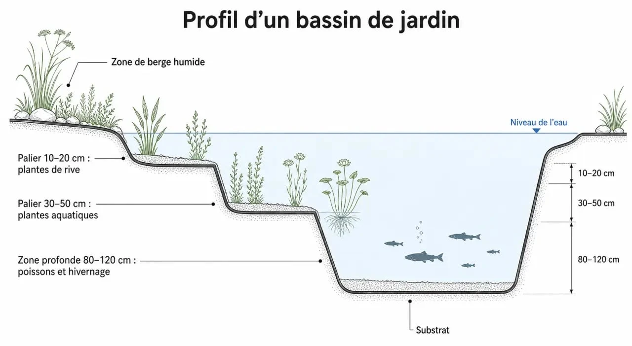 Illustration des zones de profondeur pour construire un bassin de jardin équilibré