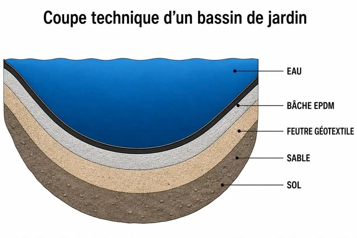 Schéma technique des couches pour construire un bassin de jardin étanche