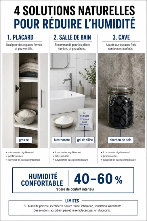 Absorbeur d'humidité naturel : visuel comparatif pour placard, salle de bain et cave