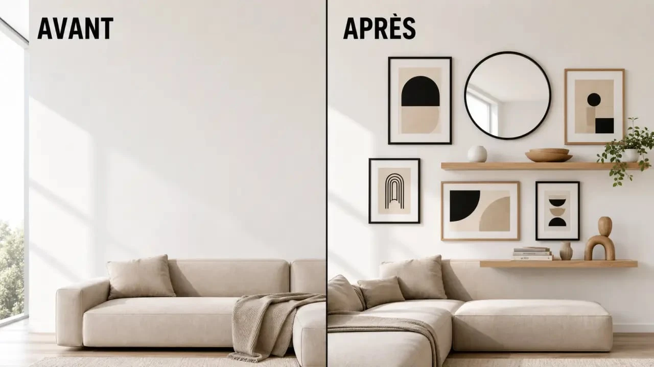 Décorer mur blanc : avant/après d’un mur blanc de salon transformé avec cadres, miroir et étagères flottantes
