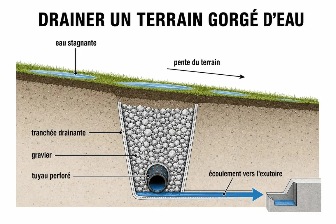 Illustration de drainer un terrain gorgé d'eau avec tranchée drainante et écoulement de l'eau